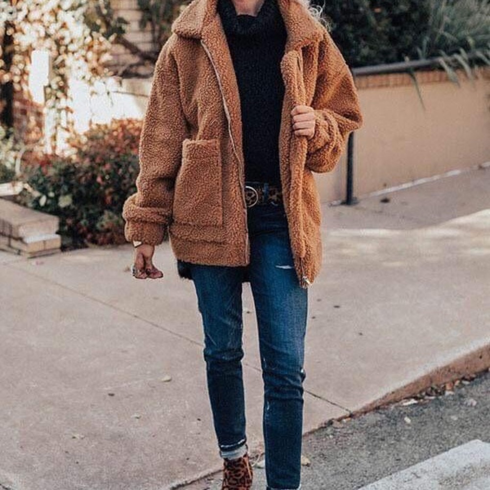 Womens Winter Warm Teddy Bear Zip Up Coat Ladies Fleece Fluffy jacket